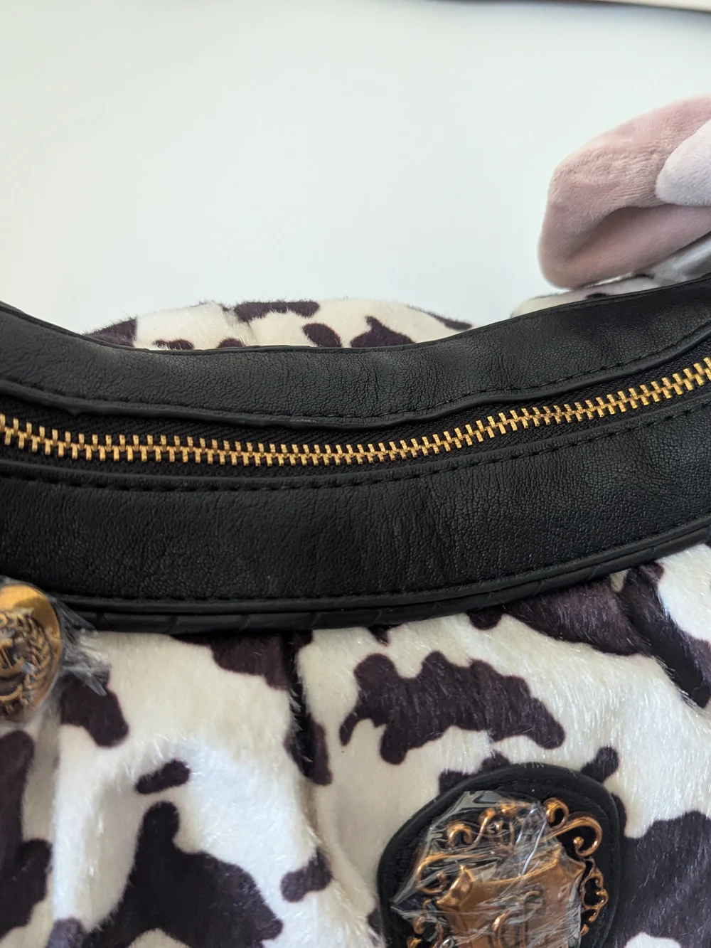 Juicy Couture Romance Cow Print Faux Fur Hobo Shoulder Bag Liquorice/White Y2k